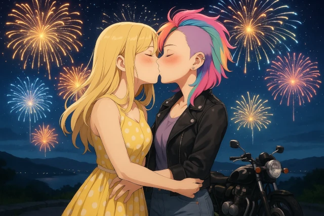 two girls kissing as fireworks go off behind them